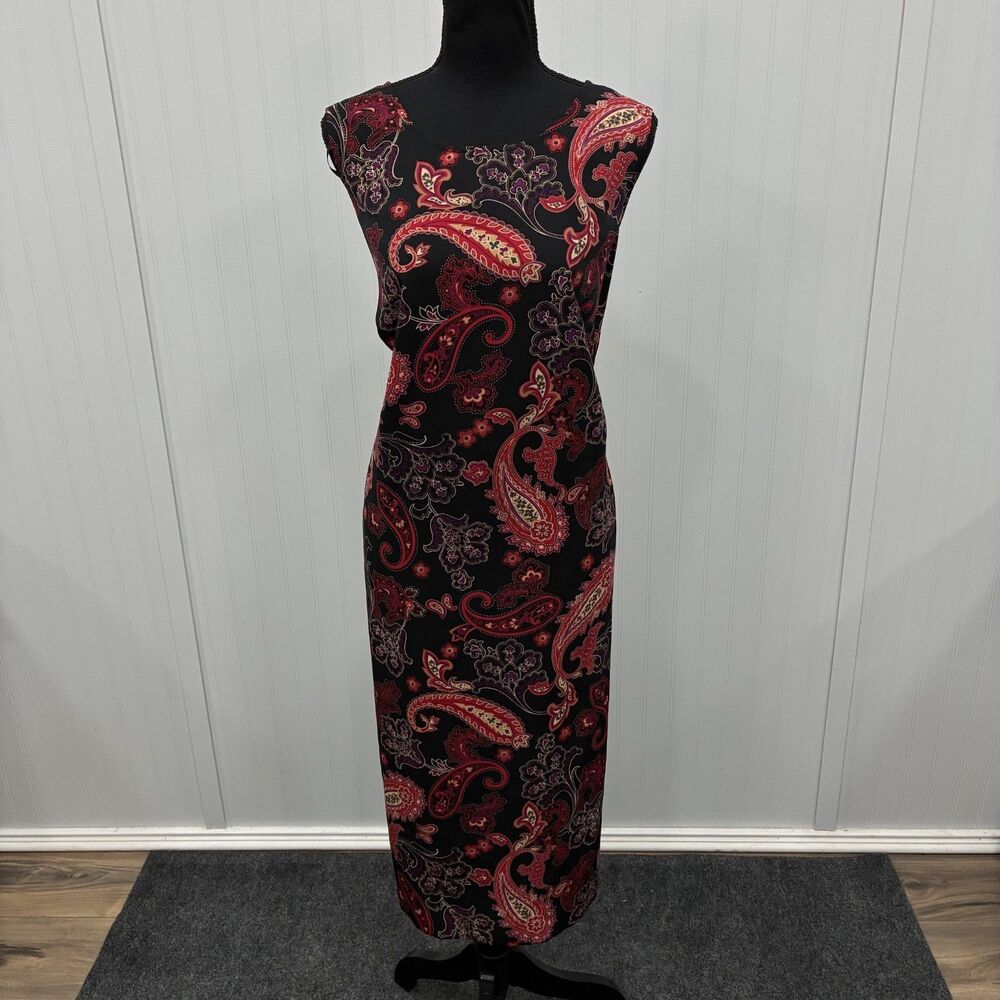 VTG Melissa Harper Women's 16W Black Red Paisley Sleeveless Maxi Dress 90s Artsy